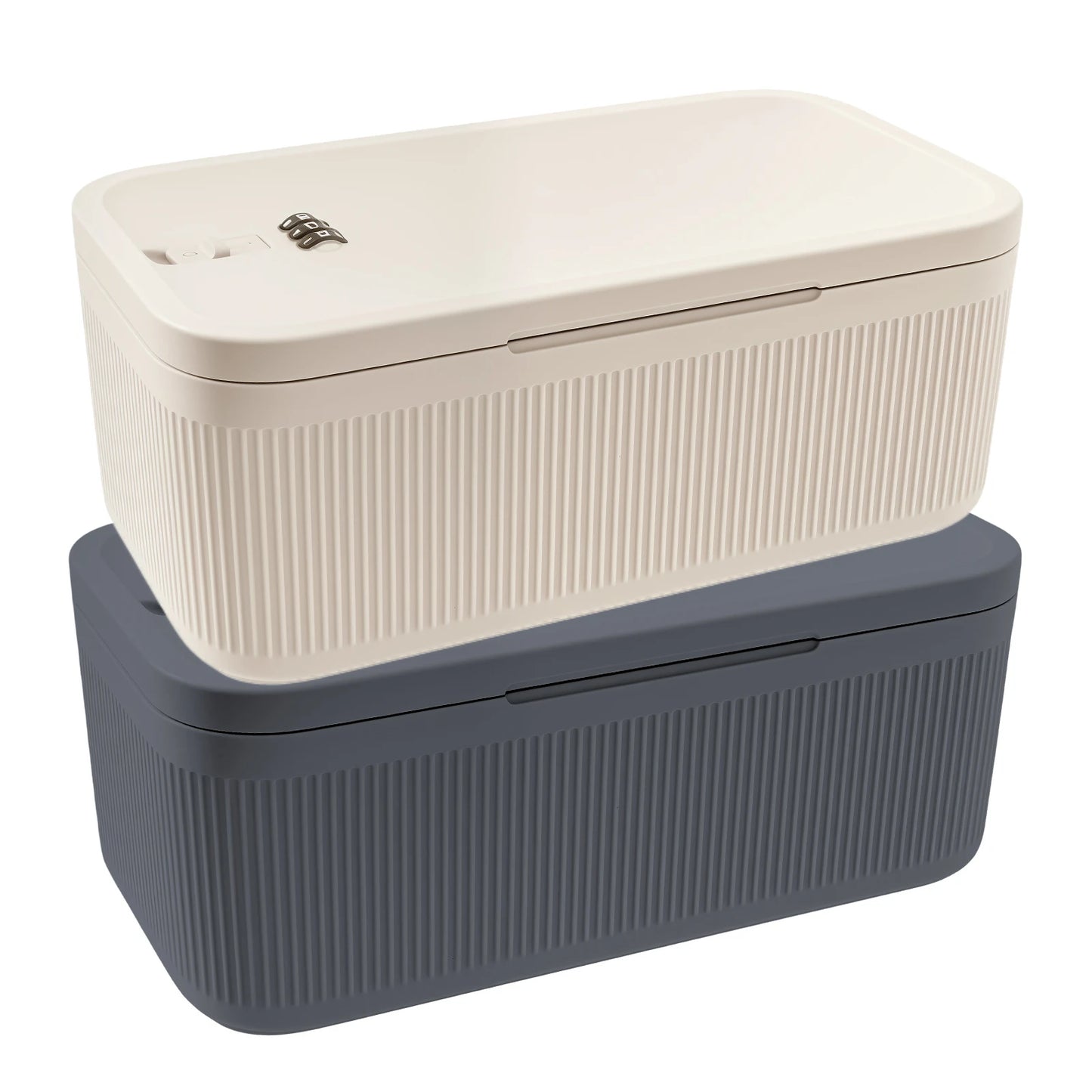 Gray digital password lock safe box with secure compartments for medicine, passports, cash, jewelry, and valuables.