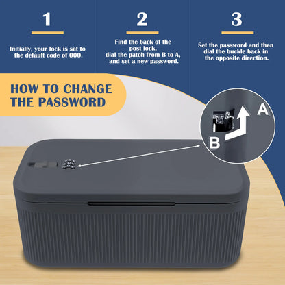 Gray digital password lock safe box with secure compartments for medicine, passports, cash, jewelry, and valuables.