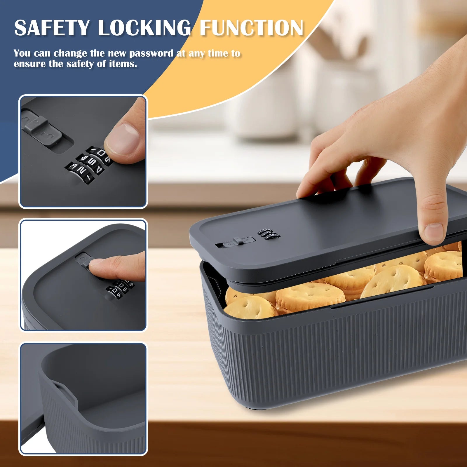 Gray digital password lock safe box for medicines, passports, cash, and jewelry; portable security organizer from BackupMyFilesNow.com