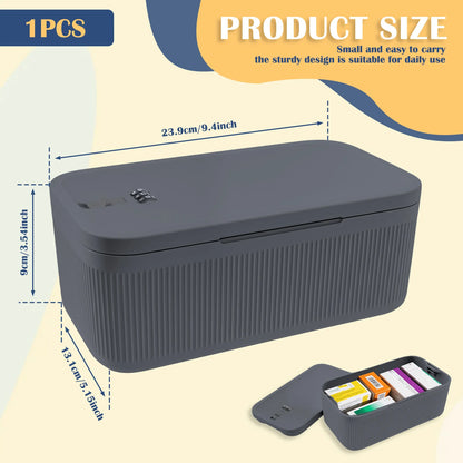 Gray digital password lock safe box with compartments for medicine, passport, cash, jewelry, and personal security organization.