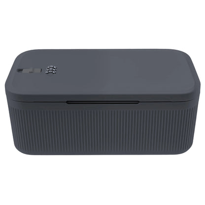 Gray digital password lock safe box with secure compartments for medicine, passport, jewelry, cash, and files for privacy and security.