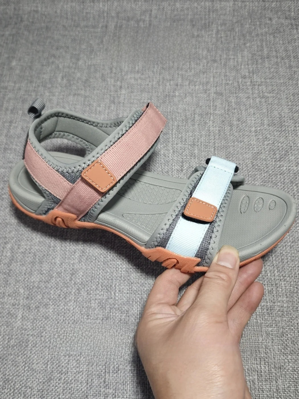 Gray women's summer sandals by BACKUPMYFILESNOW.COM with shock absorption, anti-slip soles, lightweight comfort, and casual slip-on style.