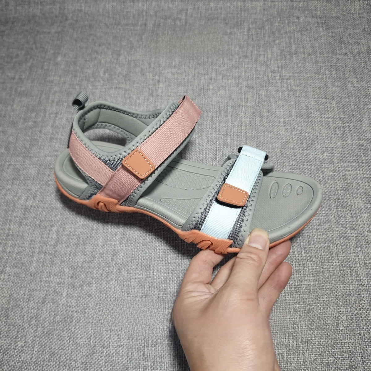 Gray women's summer sandals with shock absorption, anti-slip soles, lightweight design, flat bottom, slip-on style for beach and travel.