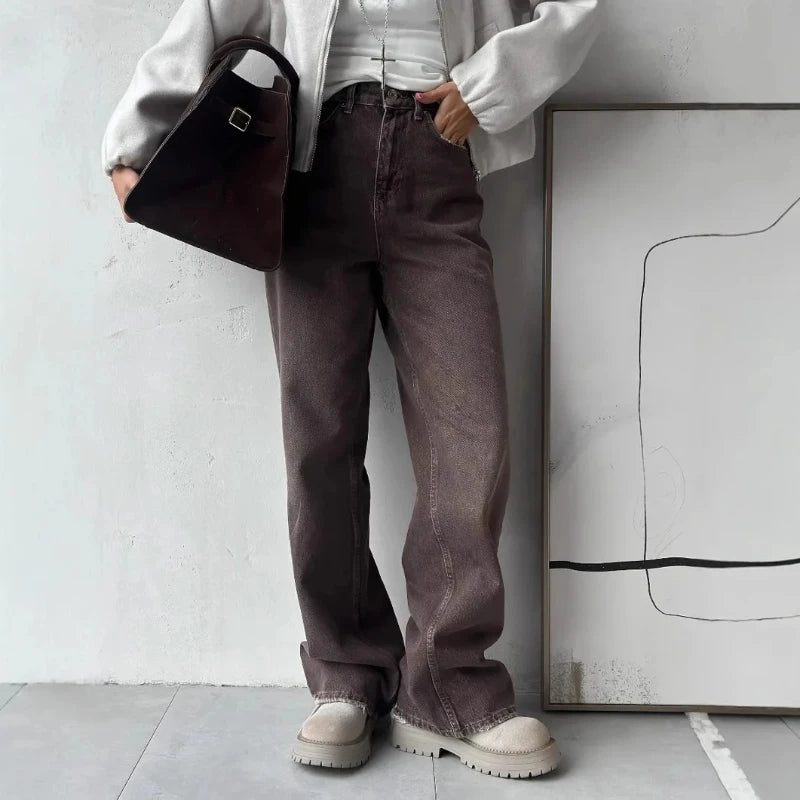 High-waist brown retro casual pants for women with a straight-leg fit, versatile four-season design, by BackupMyFilesNow.com.