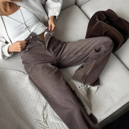 Loose casual women's jeans in brown with a high waist and straight leg, suitable for four seasons, by BackupMyFilesNow.com.