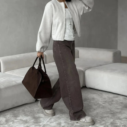 Gray retro loose casual pants for women with high waist and straight leg, versatile for four seasons, by BackupMyFilesNow.com.