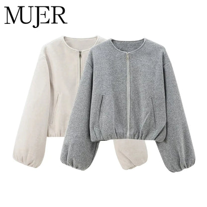 Gray MUJER 2025 fleece bomber jacket for women, long sleeves, soft zipper, cropped style, women’s sports outerwear.