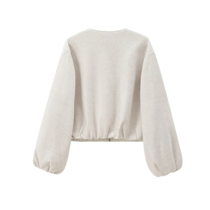 Gray MUJER 2025 fleece bomber jacket for women with soft zipper, long sleeves, cropped design, ideal for sports and casual wear.