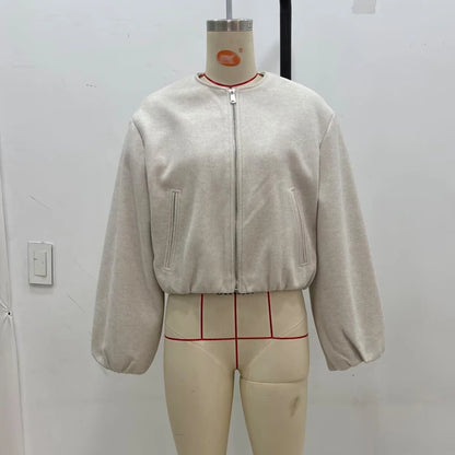 Gray MUJER 2025 fleece bomber jacket for women, long sleeve sports coat with zipper and cropped design, soft and stylish outerwear.