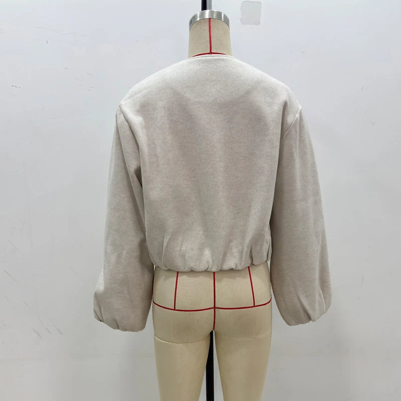 Gray MUJER 2025 fleece bomber jacket for women with soft zipper, long sleeves, cropped style, sporty outerwear for women