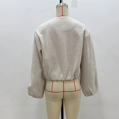 Gray MUJER 2025 fleece bomber jacket for women with soft zipper, long sleeves, cropped style, sporty outerwear for women