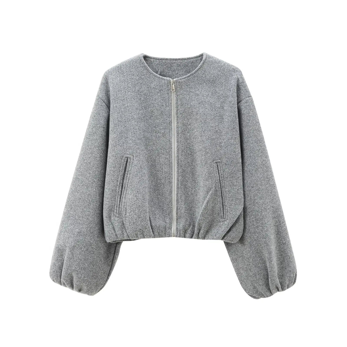 Gray women's MUJER 2025 fleece bomber jacket with soft zipper, long sleeves, cropped style, perfect for sports and casual outerwear.