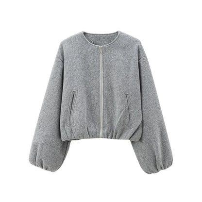Gray women's MUJER 2025 fleece bomber jacket with soft zipper, long sleeves, cropped style, perfect for sports and casual outerwear.