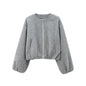 Gray women's MUJER 2025 fleece bomber jacket with soft zipper, long sleeves, cropped style, perfect for sports and casual outerwear.