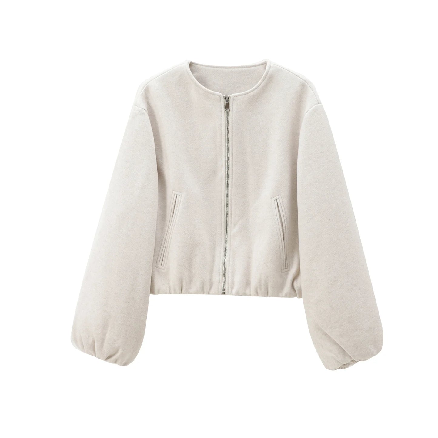 Gray MUJER 2025 fleece bomber jacket for women, long sleeve sports jacket with zipper, cropped design, soft outerwear for women