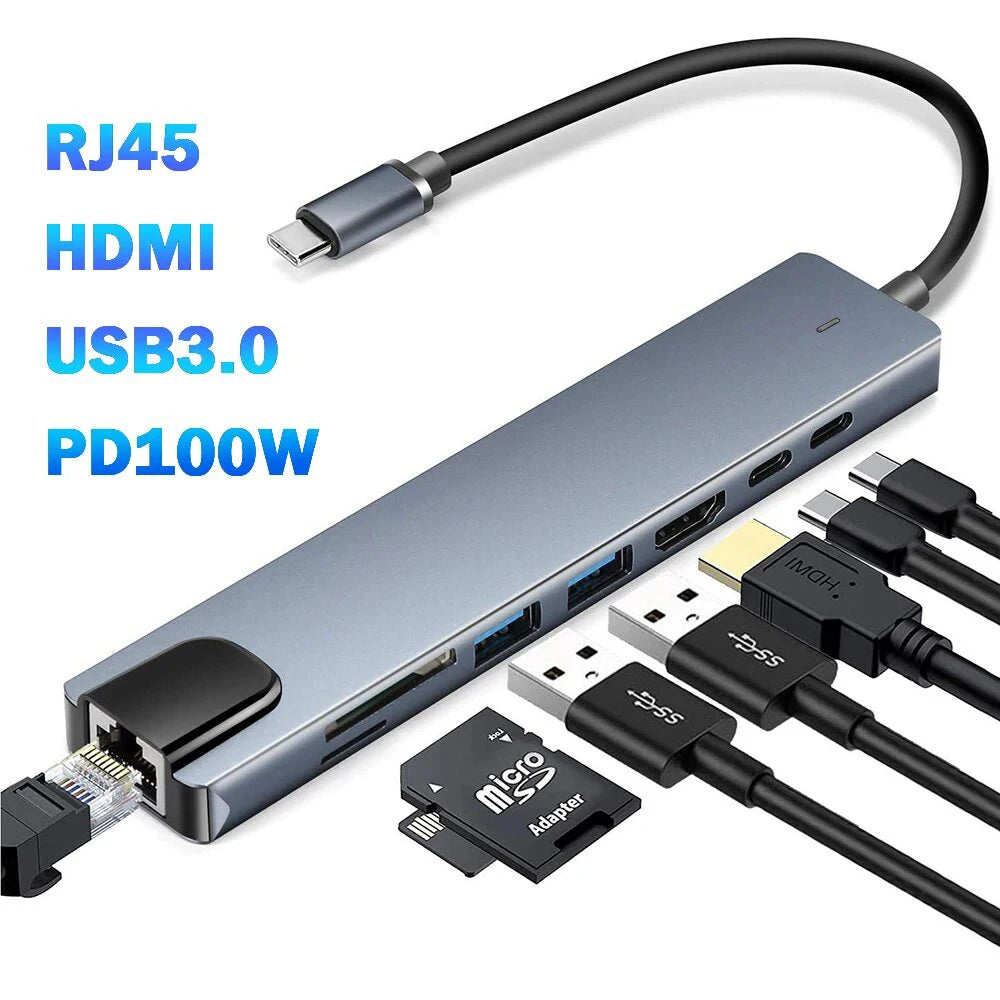 Gray BackupMyFilesNow.com USB 3.0 Type C hub with HDMI 4K, Ethernet, VGA, headphone jack, and PD 100W charging port.