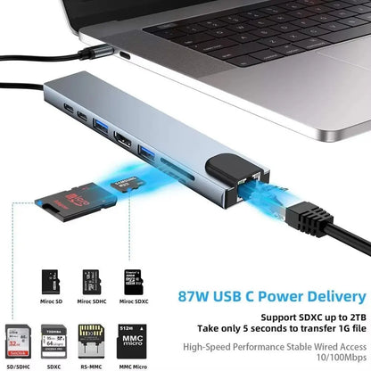 USB 3.0 Type C hub and docking station with HDMI 4K, Ethernet, VGA, headphone jack, and PD 100W charging port.