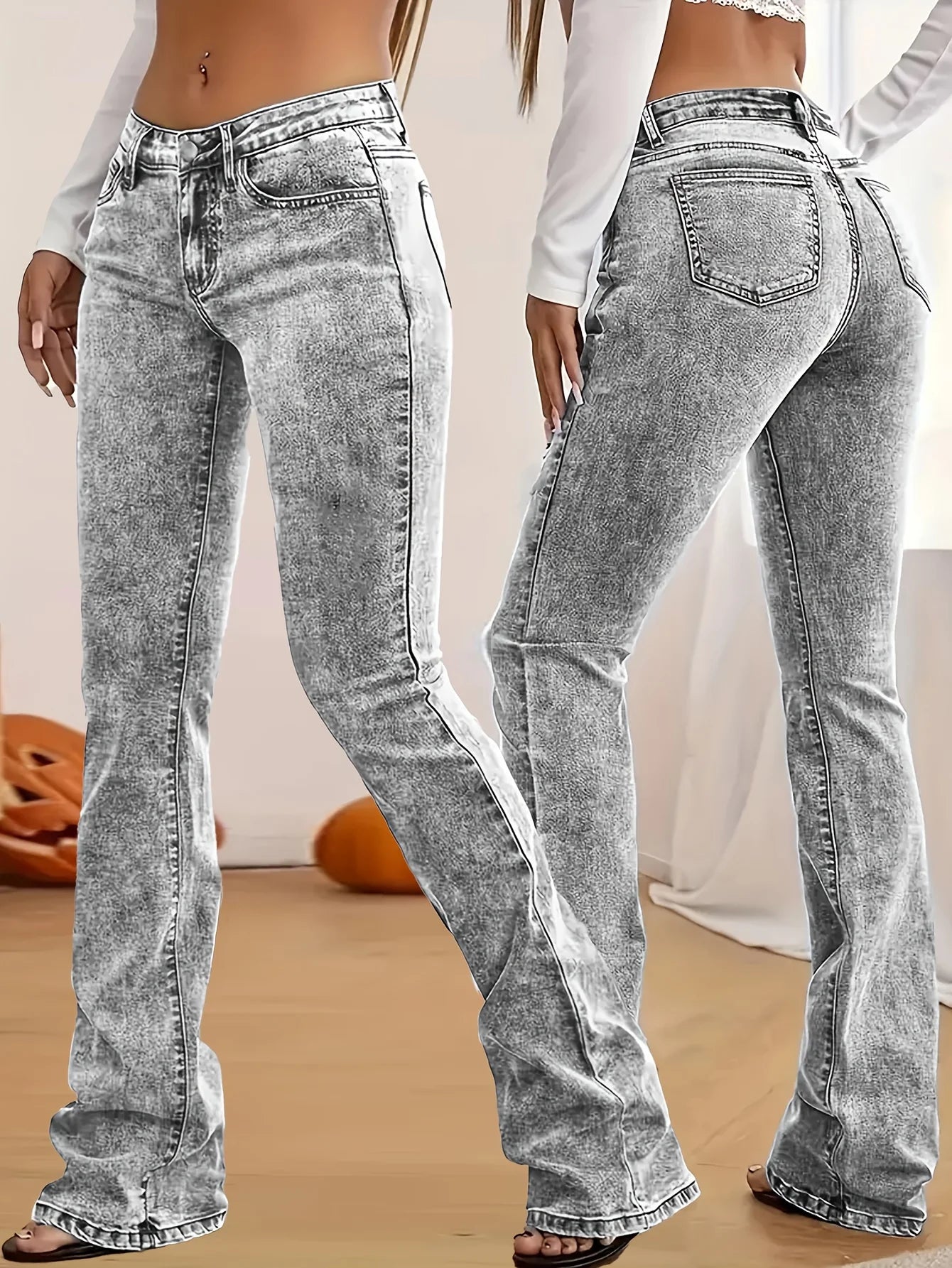 Women's gray low-rise slim fit bootcut jeans with Y2K style, snow wash finish, stylish streetwear denim pants.