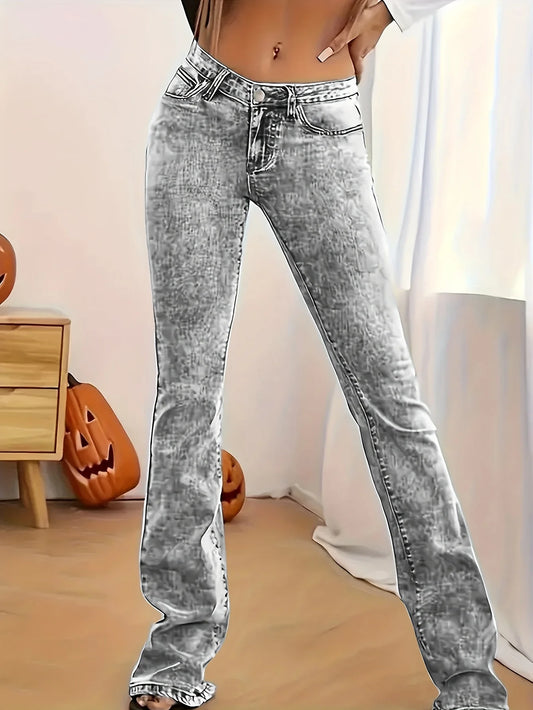 Gray low-rise slim fit bootcut jeans for women with snow wash, Y2K style, streetwear-inspired denim pants.