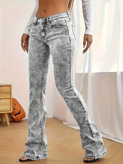 Gray low-rise slim-fit bootcut jeans for women, Y2K style, snow wash denim, streetwear fashion by BackupMyFilesNow.com