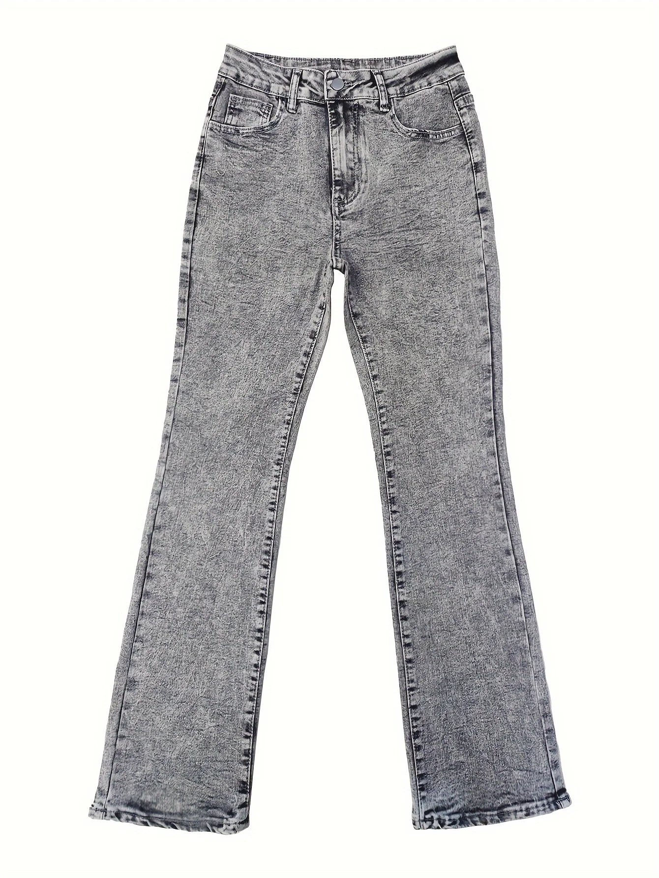 Gray women's low-rise slim-fit bootcut jeans with Y2K style, snow wash finish, streetwear-inspired elegant denim pants.