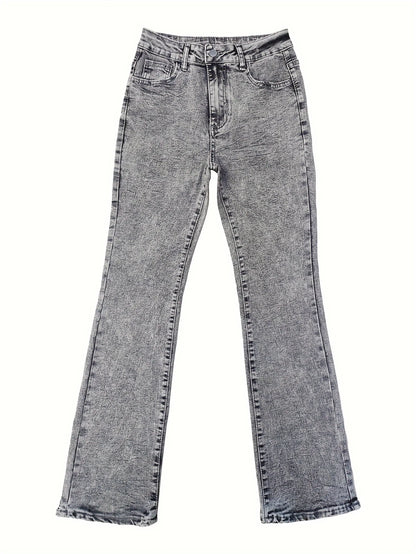 Gray women's low-rise slim-fit bootcut jeans with Y2K style, snow wash finish, streetwear-inspired elegant denim pants.