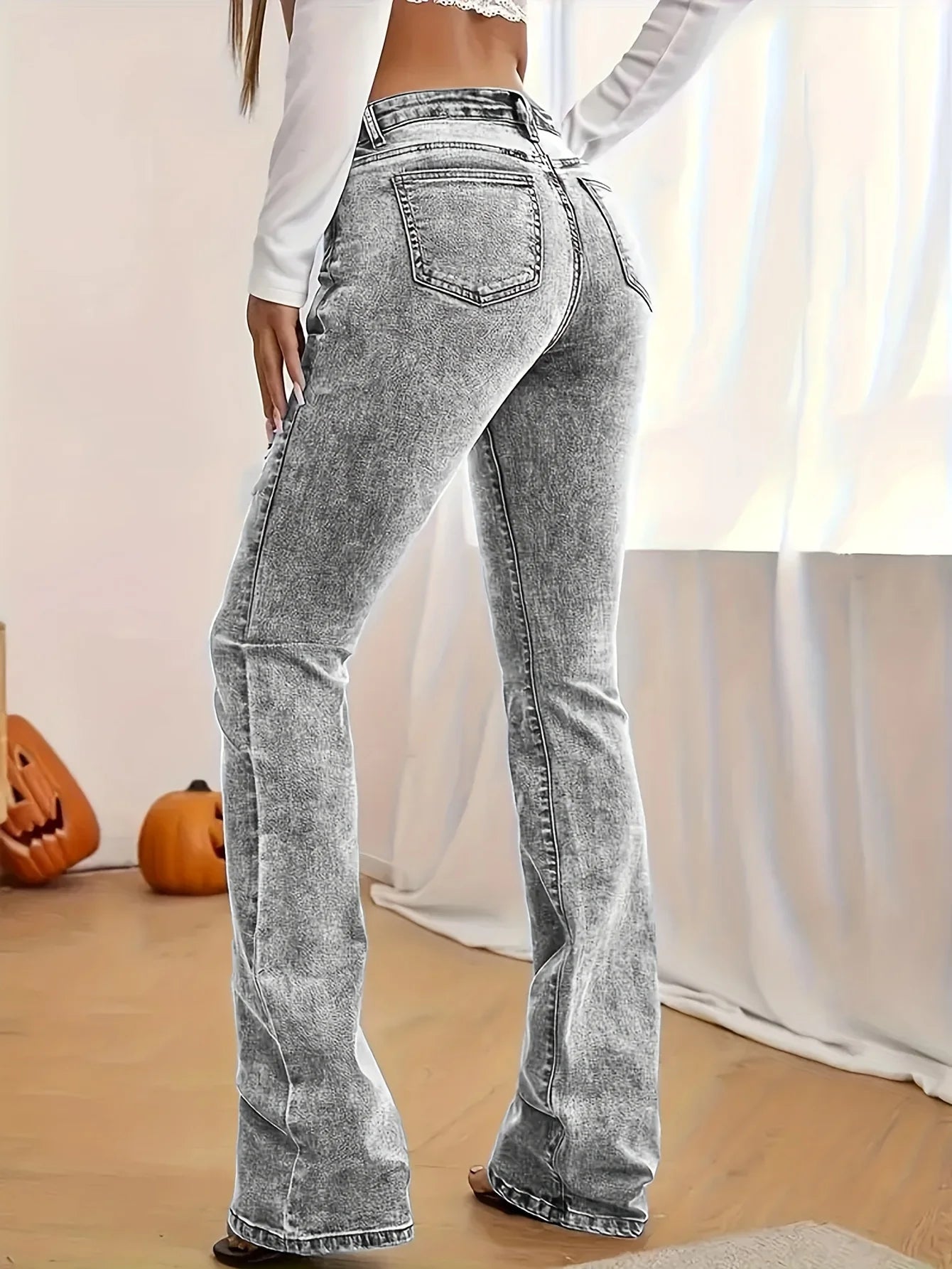 Gray low-rise slim fit bootcut jeans for women, Y2K style, snow wash, streetwear denim pants, elegant casual fashion by BackupMyFilesNow.