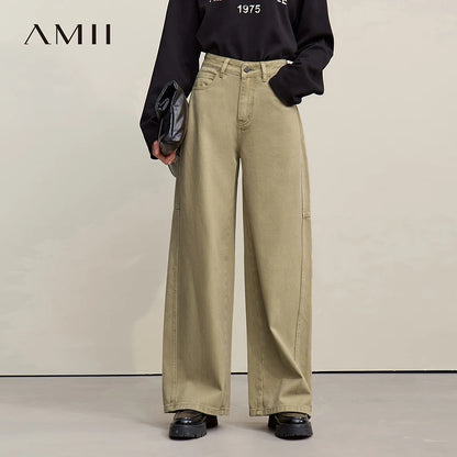 Grayish-blue Amii women's wide-leg denim pants, casual retro style, 100% cotton, loose fit, versatile spring trousers.