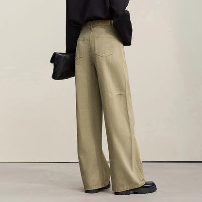 Grayish-blue Amii women’s wide-leg denim pants, spring 2026 casual retro style, 100% cotton, loose fit, versatile solid jeans.