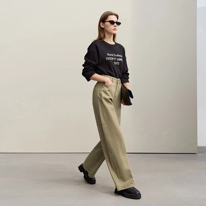 Grayish-blue Amii women's wide-leg denim pants, 100% cotton, casual retro style, loose fit, spring collection, versatile jeans.