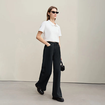 Grayish-blue Amii women’s wide-leg denim pants, 100% cotton, casual retro style, loose fit, versatile solid jeans for spring.