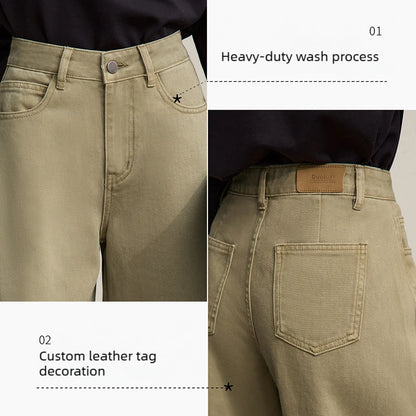Grayish-blue Amii women’s wide-leg denim pants with a casual, retro style, made from 100% cotton, loose fit, spring 2026 collection.