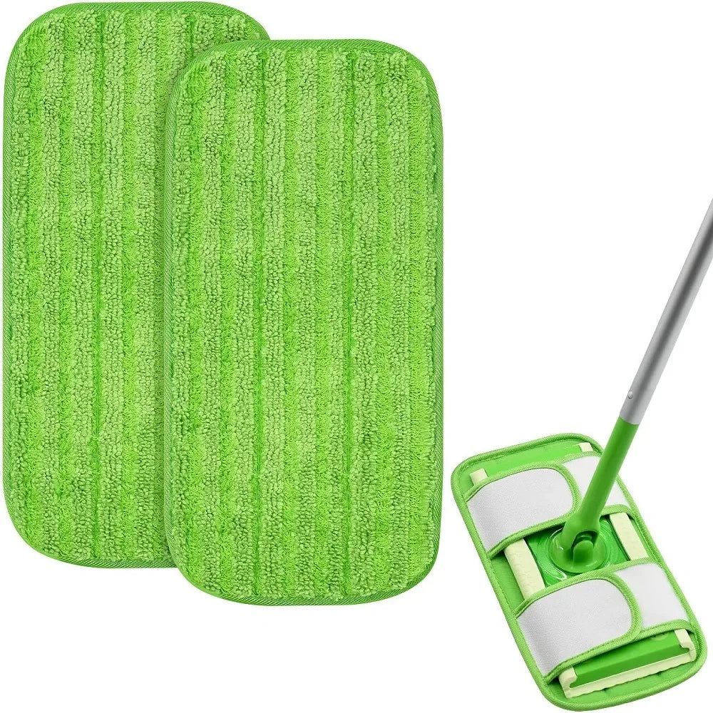 Two green microfiber mop pads for Swiffer Sweeper, reusable and washable, suitable for wet and dry cleaning on multiple surfaces.