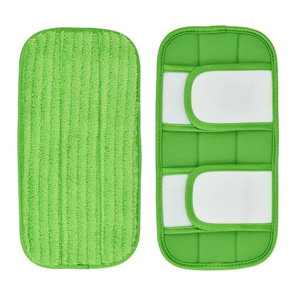 Two green microfiber mop pads for Swiffer Sweeper, reusable and washable, designed for multi-surface wet and dry cleaning, 12-inch size.