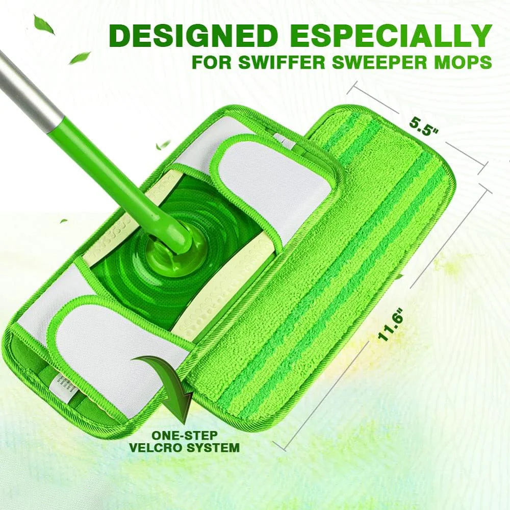 Two green microfiber mop pads for Swiffer Sweeper, reusable and washable, suitable for wet and dry cleaning on multi-surface floors.