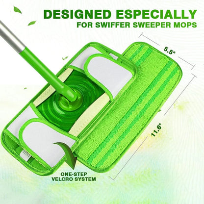 Two green microfiber mop pads for Swiffer Sweeper, reusable and washable, suitable for wet and dry cleaning on multi-surface floors.