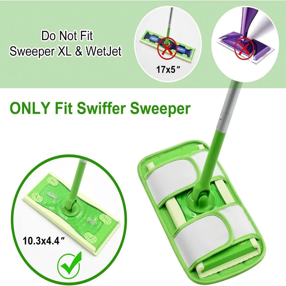 Two green microfiber mop pads for Swiffer Sweeper mops, reusable and washable, designed for multi-surface wet and dry cleaning, 12-inch size.