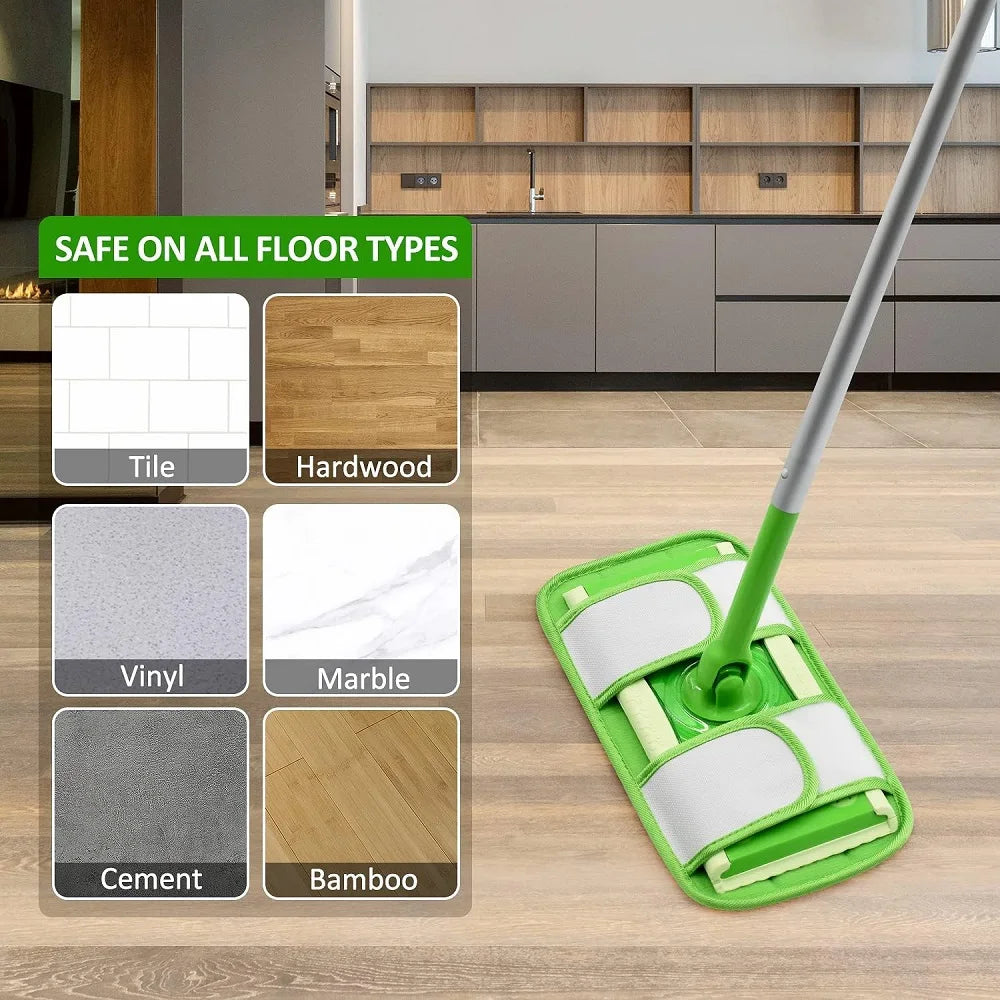 Green microfiber mop pads for Swiffer Sweeper, reusable and washable, suitable for wet and dry cleaning on multiple surfaces, 12-inch size.