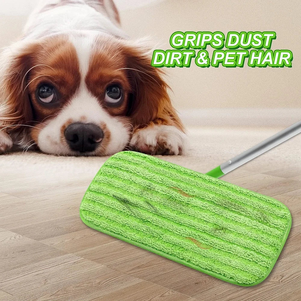 Two green microfiber mop pads for Swiffer Sweeper, reusable, washable, 12-inch multi-surface floor cleaning pads by BACKUPMYFILESNOW.COM®