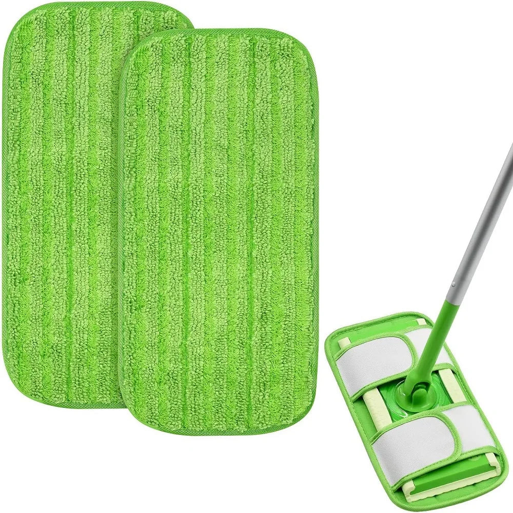 Two green microfiber mop pads for Swiffer sweeper mops, reusable and washable, suitable for wet and dry cleaning on various surfaces.