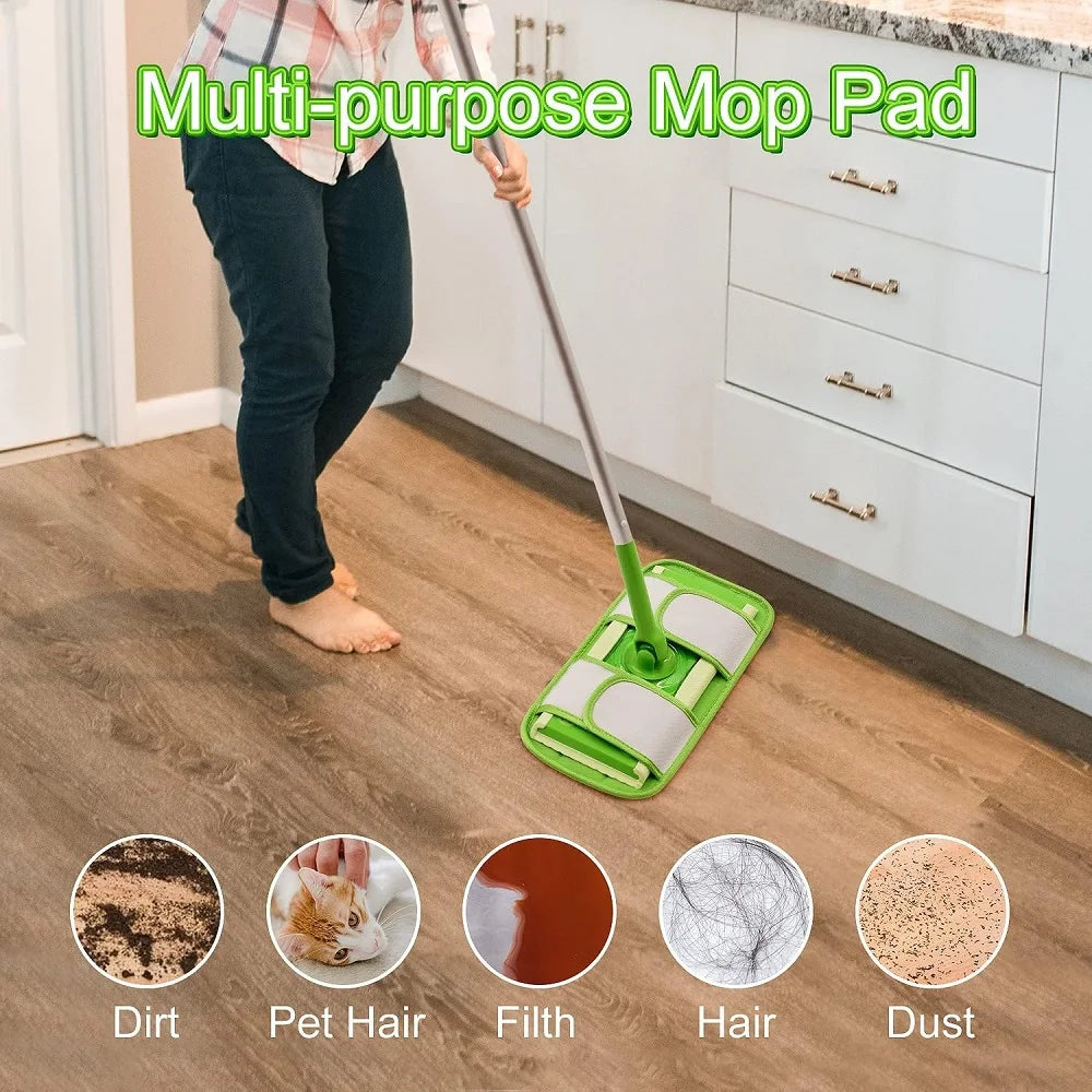 Two green microfiber mop pads for Swiffer Sweeper, reusable and washable, designed for multi-surface wet and dry cleaning, 12 inches.