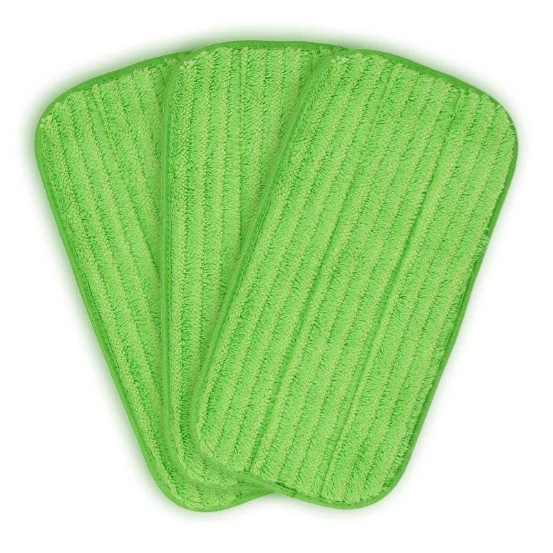 Two green microfiber mop pads for Swiffer Sweeper, reusable and washable, designed for multi-surface wet and dry cleaning, 12 inches.