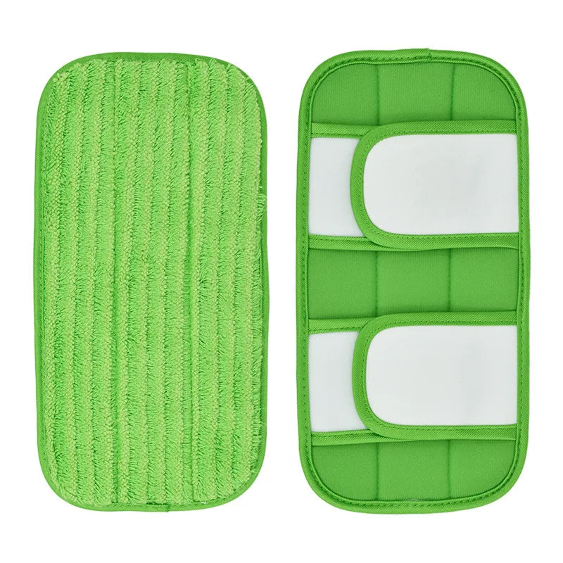Two green microfiber mop pads for Swiffer Sweeper, reusable and washable, designed for multi-surface wet and dry cleaning, 12 inches.