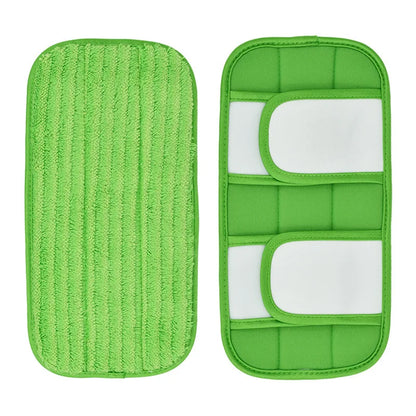Two green microfiber mop pads for Swiffer Sweeper, reusable and washable, designed for multi-surface wet and dry cleaning, 12 inches.