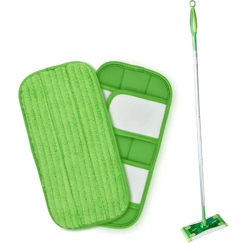Two green microfiber mop pads for Swiffer Sweeper, reusable and washable, suitable for multi-surface wet and dry cleaning, 12-inch size.