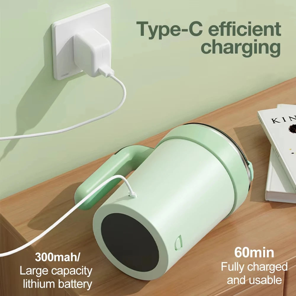 Green BackupMyFilesNow.com 380ml automatic mixing coffee mug with intelligent temperature display, rechargeable, ideal for office, kitchen, travel.