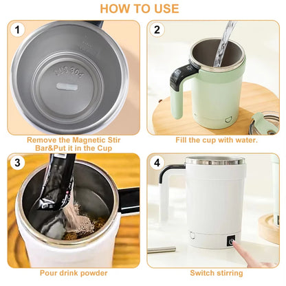 Green rechargeable smart coffee mug with detachable mixing and temperature display, ideal for office, kitchen, and travel use.