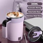Green BackupMyFilesNow.com 380ml automatic mixing coffee mug with temperature display, rechargeable, ideal for office, kitchen, or travel.