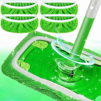 Green microfiber mop cloths with scouring pads for Swiffer flat mops, reusable and suitable for home cleaning, 25 x 11.5 cm.