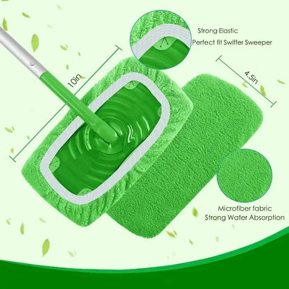Green microfiber mop cloths and scouring pads for Swiffer flat mops, reusable home cleaning accessories, 25 x 11.5 cm.